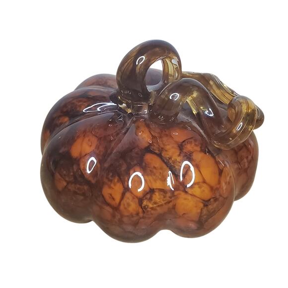 Hand Blown Glass Pumpkin Squash Brown Amber Art Glass Swirl Stem 5" x 4.5" - Picture 8 of 14